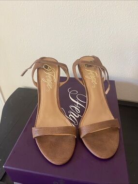 Fergie Brown Textured Open-Toe Ankle Strap Heels
